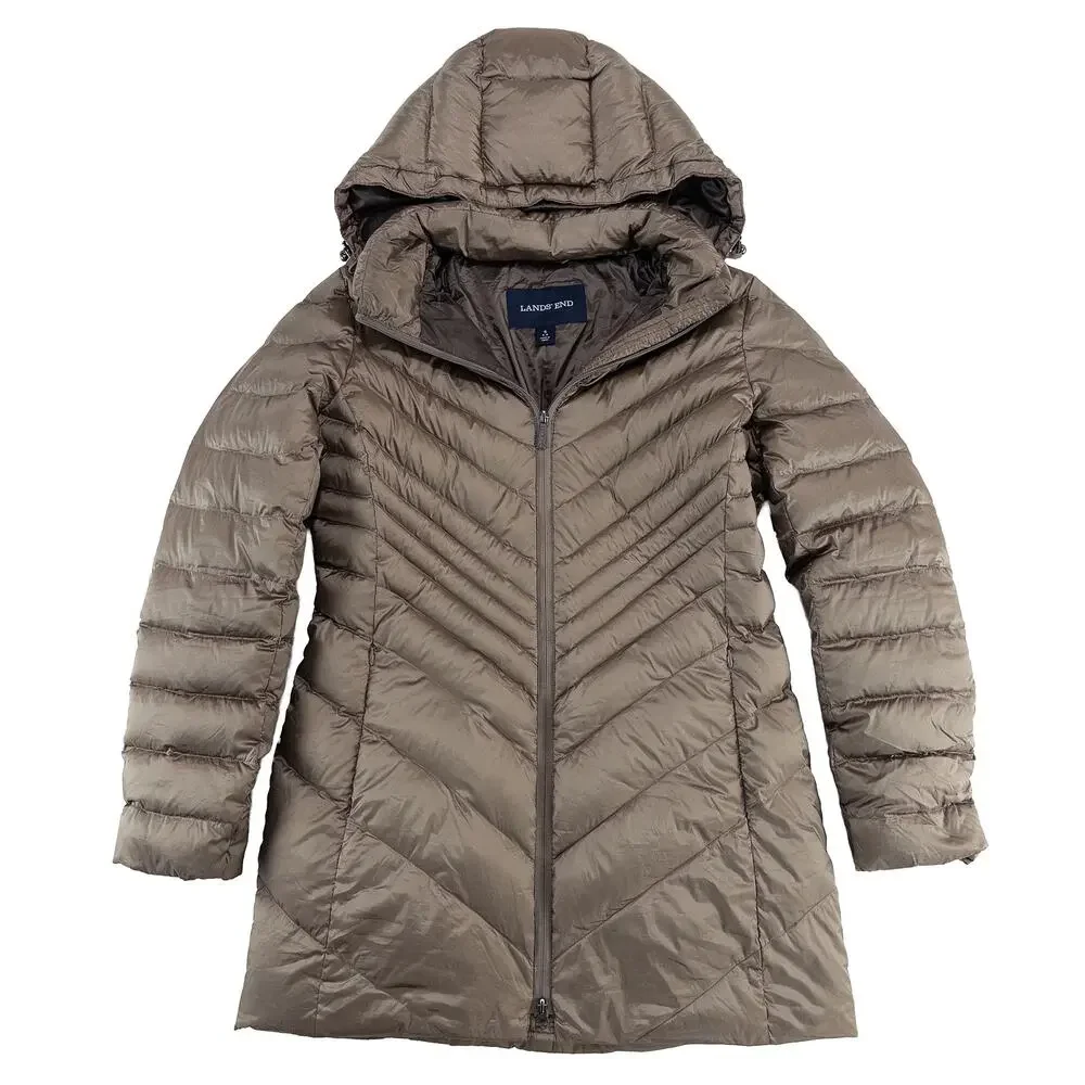 Lands’ End Wanderweight Down Coat Women S Brown Packable Hooded Mid Length